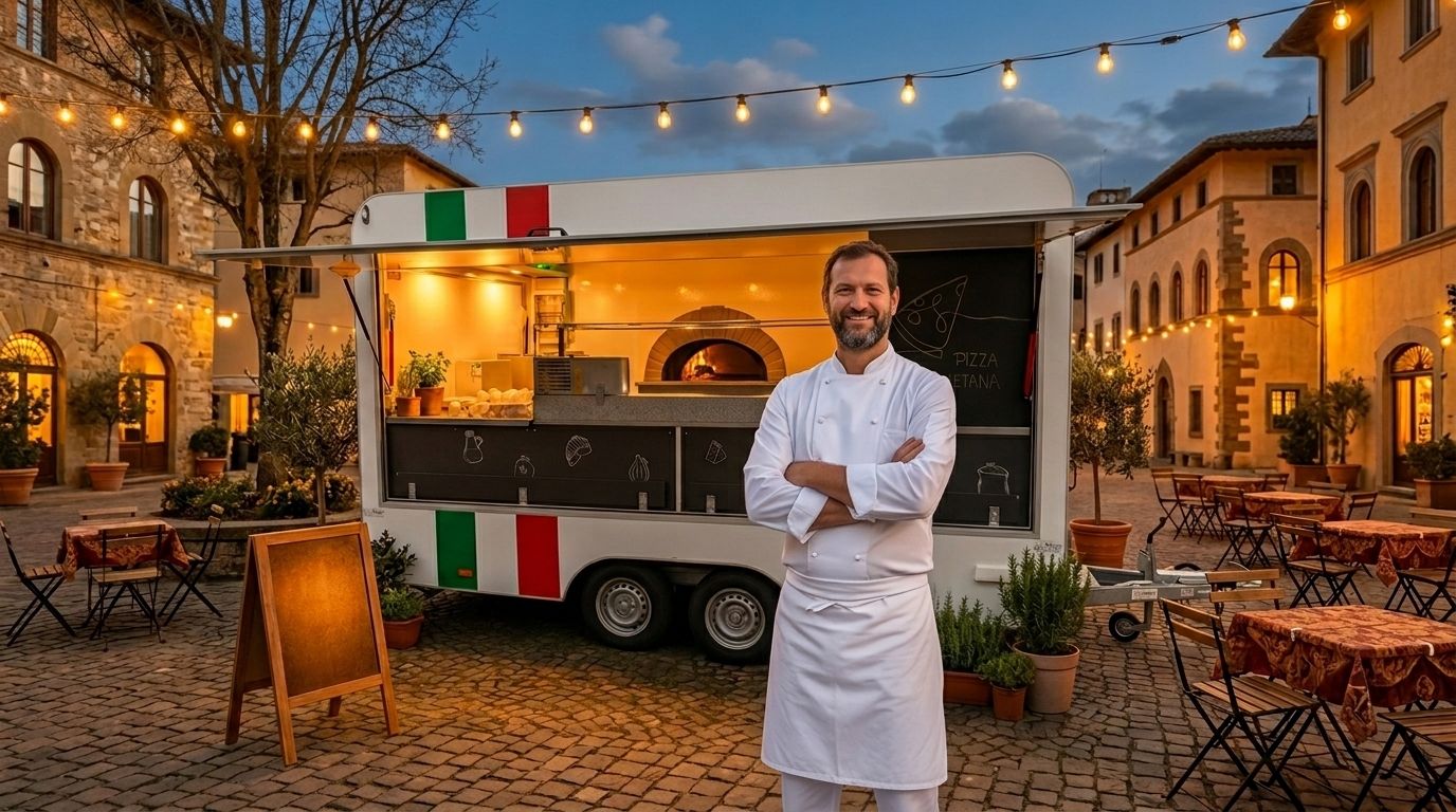 Der Pizzawagen am Abend, die Klappe offen, davor ein Pizzabäcker